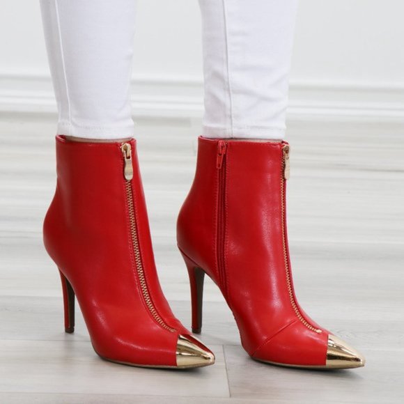 Ankle Red Boots Faux Leather Gold Pointy Toe - Picture 14 of 14